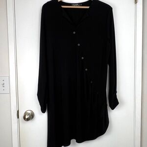 Sympli Asymmetric Hem Button Trim Tunic Dress size 10 Black Stretch Lagenlook